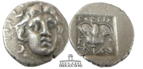 ISLANDS off CARIA. Rhodes. Circa 188-84 BC. AR Hemidrachm. Gorgias, magistrate. Struck circa 125-88 BC. Radiate head of Helios right / Rose, bud to ri...