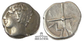 GAUL, Massalia. Circa 4th Century BC. AR Obol. Youthful head of Apollo left / Wheel of four spokes with M A. 10 mm, .67 g.