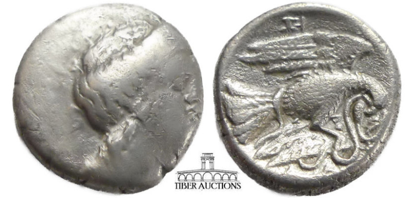 EUBOIA, Chalkis. Circa 338-308 BC. AR Drachm. Head of Hera right / Eagle flying ...