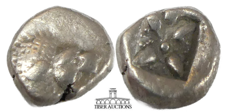 IONIA, Miletos. Circa Fifth Century BC. AR Diobol. Lion's head right, paw beneat...