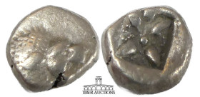 IONIA, Miletos. Circa Fifth Century BC. AR Diobol. Lion's head right, paw beneath / Stellete pattern. 8 mm, 1.01 g