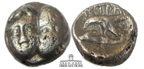 MOESIA, Istros. IV Century BC. AR Diobol. Two male heads facing, one inverted / Sea-eagle on dolphin. 10 mm, 1.21 g.