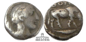 LUCANIA, Thourioi. Circa 350-300 BC. AR Triobol. Head of Athena right, wearing crested Attic helmet decorated with Skylla throwing stone / Bull buttin...