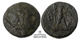 KINGS of MACEDON. Perseus. 179-168 BC. Æ 16. Pella or Amphipolis mint. Struck circa 200/197-179 BC. Helmeted head of Perseus right / Eagle standing le...