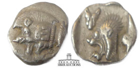MYSIA, Kyzikos. Circa 450-400 BC. AR Hemiobol. Forepart of boar left, retrograde K on shoulder; to right, tunny upward / Head of lion left; to upper l...