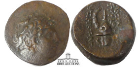 SELEUCID KINGS of SYRIA. Tryphon. 142-138 BC. Æ 18. Antioch mint (?) Diademed head right / Macedonian cavalry helmet with ibex horn; [monogram]. 18 mm...