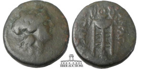 Sicily, Akragas Æ 23. Circa 240-212 BC. Laureate head of Apollo to right / Tripod; AKPAΓAN downwards to right, TINΩN downwards to left. 23 mm, 8.04 g....