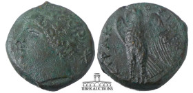 SICILY, Syracuse. Hiketas II. 287-278 BC. Æ 24. Struck circa 283-279 BC. Laureate head of Zeus Hellanios left; trophy to right / Eagle standing left o...