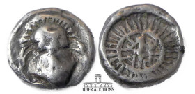 THRACE, Mesambria. 4th century BC. AR Obol. Helmet facing / Ethnic within spokes of wheel; rays around. 8 mm, .69 g.