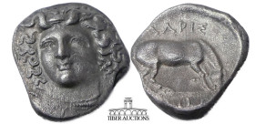 THESSALY, Larissa. Circa 356-342 BC. AR Drachm. Head of the nymph Larissa facing slightly left / Horse standing right, preparing to lie down. Slightly...