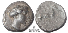THESSALY, Larissa. Circa 404 BC. AR Drachm. Head of the nymph Larissa right, with hair in sphendone / Horse rearing right. 18 mm, 5.25 g.