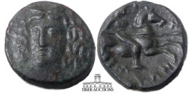 THESSALY, Larissa. 3rd century BC. Æ Dichalkon. Head of the nymph Larissa facing slightly left, wearing grain ears in hair / ΛAPIΣAIΩN, rider, wearing...