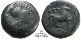 THESSALY, Thessalian League. Late 2nd-mid 1st centuries BC. Æ Dichalkon. Helmeted head of Athena right / Horse advancing right; grain ear to right. 18...