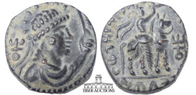 INDIA, Kushan Kings. Vima Taktu (Soter Megas). Circa 80-100 AD. Æ Drachm. Diademed bust right, holding filleted spear / Horseman right, holding axe; t...