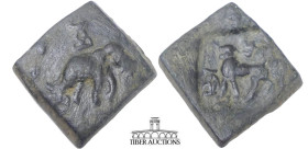 INDIA, Post-Mauryan (Punjab). Taxila (local coinage) . Circa 185-168 BC. Æ 1 Karshapana. Elephant walking right; three-arched hill surmounted by cresc...