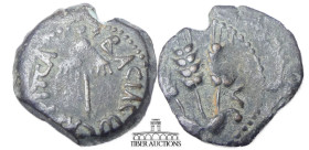 JUDAEA, Herodians. Agrippa I. 37-44 CE. Æ Prutah. Dated year 6 (41-42 AD). Royal umbrella / Three ears of barley; L S (date) on either side. 17 mm, 2....