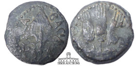 JUDAEA, Herodians. Agrippa I. 37-44 CE. Æ Prutah. Dated year 6 (41-42 AD). Royal umbrella / Three ears of barley; L S (date) on either side. 17 mm, 2....