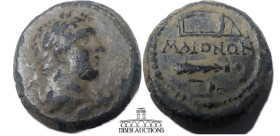 LYDIA, Maeonia. Pseudo-autonomous issue. Æ 16, time of Hadrian, 117-138. Laureate and draped bust of Herakles to right. Rev. ΜΑΙΟΝΩΝ Club and bow in b...
