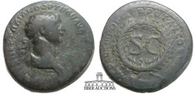 Trajan. AD 98-117. Æ As. Rome mint, for circulation in Syria. Group II, AD 116. Radiate and draped bust right / Legend around, large S • C within oak ...