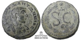 SELEUCIS and PIERIA, Antioch. Diadumenian, Æ As Caesar, AD 217-218. Æ As. Bareheaded, draped, and cuirassed bust right / Large S • C; Δ above, Є below...