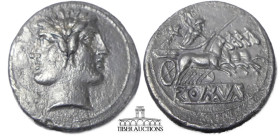 Anonymous. Circa 225-212 BC. AR Didrachm – Quadrigatus. Rome mint. Laureate head of Janus, curved truncation / Jupiter, hurling thunderbolt and holdin...