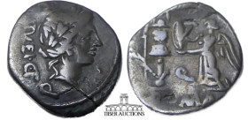C. Egnatuleius C.f. 97 BC. AR Quinarius. Rome mint. Laureate head of Apollo; Q (mark of value) below / Victory standing left, inscribing shield attach...