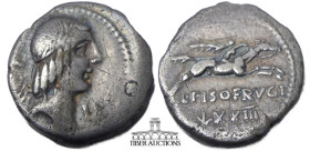 L. Calpurnius Piso Frugi. 90 BC. AR Denarius. Rome mint. Laureate head of Apollo right; F to left, F below chin / Horseman galloping right, holding pa...