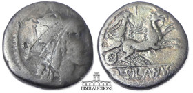 D. Silanus L.f. 91 BC. AR Denarius. Rome mint. Helmeted head of Roma right / Victory, holding reins, driving galloping biga right. 17 mm, 3.51 g