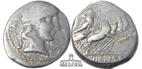 C. Vibius C.f. Pansa. 90 BC. AR Denarius. Rome mint. Laureate head of Apollo right; A below chin / Minerva driving galloping quadriga right, holding t...