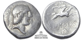 L. Calpurnius Piso Frugi. 90 BC. AR Denarius. Rome mint. Laureate head of Apollo right; control number behind / Naked horseman galloping right, holdin...