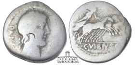 C. Vibius C.f. Pansa. 90 BC. AR Denarius. Rome mint. Laureate head of Apollo right; A below chin / Minerva driving galloping quadriga right, holding t...