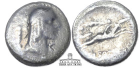 L. Calpurnius Piso Frugi. 90 BC. AR Denarius. Rome mint. Laureate head of Apollo right; control number behind / Naked horseman galloping right, holdin...