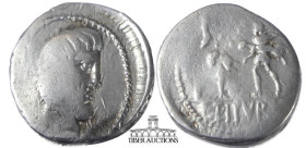 L. Titurius L.f. Sabinus. 89 BC. AR Denarius. Rome mint. Bareheaded and bearded head of King Tatius right; ligate TA (for Tatius) to right / Abduction...