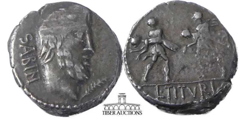 L. Titurius L.f. Sabinus. 89 BC. AR Denarius. Rome mint. Bareheaded and bearded ...