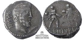 L. Titurius L.f. Sabinus. 89 BC. AR Denarius. Rome mint. Bareheaded and bearded head of King Tatius right; ligate TA (for Tatius) to right / Abduction...