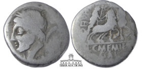L. and C. Memmius L.f. Galeria. 87 BC. AR Denarius. Rome mint. Laureate head of Saturn left; harpa behind / Venus driving biga right. 18 mm, 2.98 g.