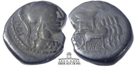 L. Rubrius Dossenus. 87 BC. AR Denarius. Rome mint. Helmeted bust of Minerva right, wearing aegis / Triumphal quadriga right, surmounted by Victory in...