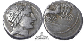 Anonymous. Circa 86 BC. AR Denarius. Rome mint. Laureate head of Apollo right; thunderbolt below / Jupiter driving galloping quadriga right, hurling t...
