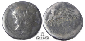 Gargilius, Ogulnius, and Vergilius. 86 BC. AR Denarius. Rome mint. Head of Apollo right, wearing oak-wreath; thunderbolt below / Jupiter driving quadr...