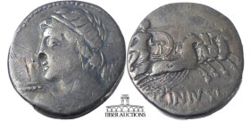 C. Licinius L.f. Macer. 84 BC. AR Denarius. Rome mint. Diademed bust of Vejovis left, drapery on left shoulder, hurling thunderbolt / Minerva driving ...