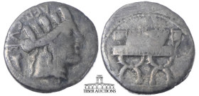 P. Furius Crassipes. 84 BC. AR Denarius. Rome mint. Turreted head of Cybele right; foot downward to left / Curule chair inscribed P. FOVRIVS. 18 mm, 2...