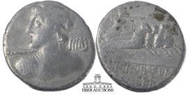 C. Licinius L.f. Macer. 84 BC. AR Denarius. Rome mint. Diademed bust of Vejovis left, drapery on left shoulder, hurling thunderbolt / Minerva driving ...