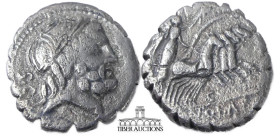 Q. Antonius Balbus. 83-82 BC. AR Serrate Denarius. Rome mint. Laureate head of Jupiter right; control mark below chin / Victory driving quadriga right...