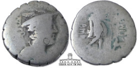 C. Mamilius Limetanus. 82 BC. AR Serrate Denarius. Rome mint. Head of Mercury right, wearing winged petasus, caduceus over shoulder / Ulysses walking ...