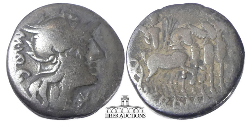 M. Vargunteius. 130 BC. AR Denarius. Rome mint. Helmeted head of Roma right; mar...