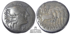 M. Vargunteius. 130 BC. AR Denarius. Rome mint. Helmeted head of Roma right; mark of value below chin / Jupiter driving triumphal quadriga right, hold...