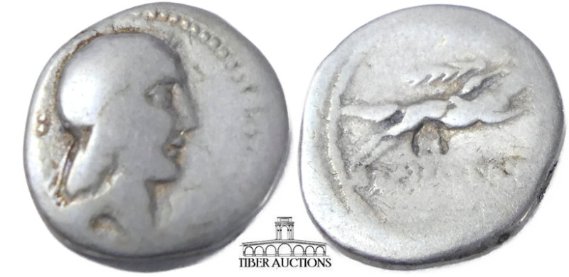 C. Piso L.f. Frugi. 61 BC. AR Denarius. Rome mint. Head of Apollo right, hair bo...