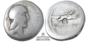 C. Piso L.f. Frugi. 61 BC. AR Denarius. Rome mint. Head of Apollo right, hair bound with taenia; harpoon to left / Horseman galloping right, holding p...