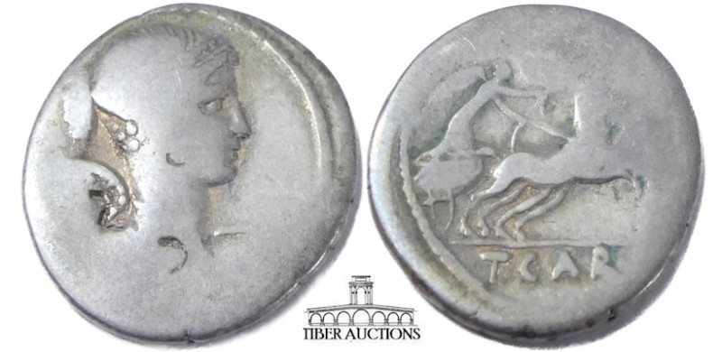  T. Carisius. 46 BC. AR Denarius. Rome mint. Draped bust of Victory right, weari...