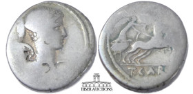  T. Carisius. 46 BC. AR Denarius. Rome mint. Draped bust of Victory right, wearing pearl diadem / Victory in galloping biga right. 20 mm, 3.42 g.